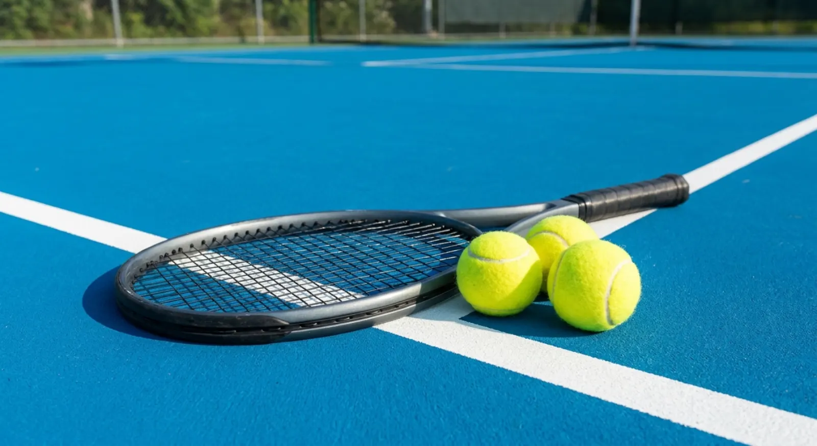 A modern tennis racquet and three balls resting on the baseline of a freshly painted blue hard court