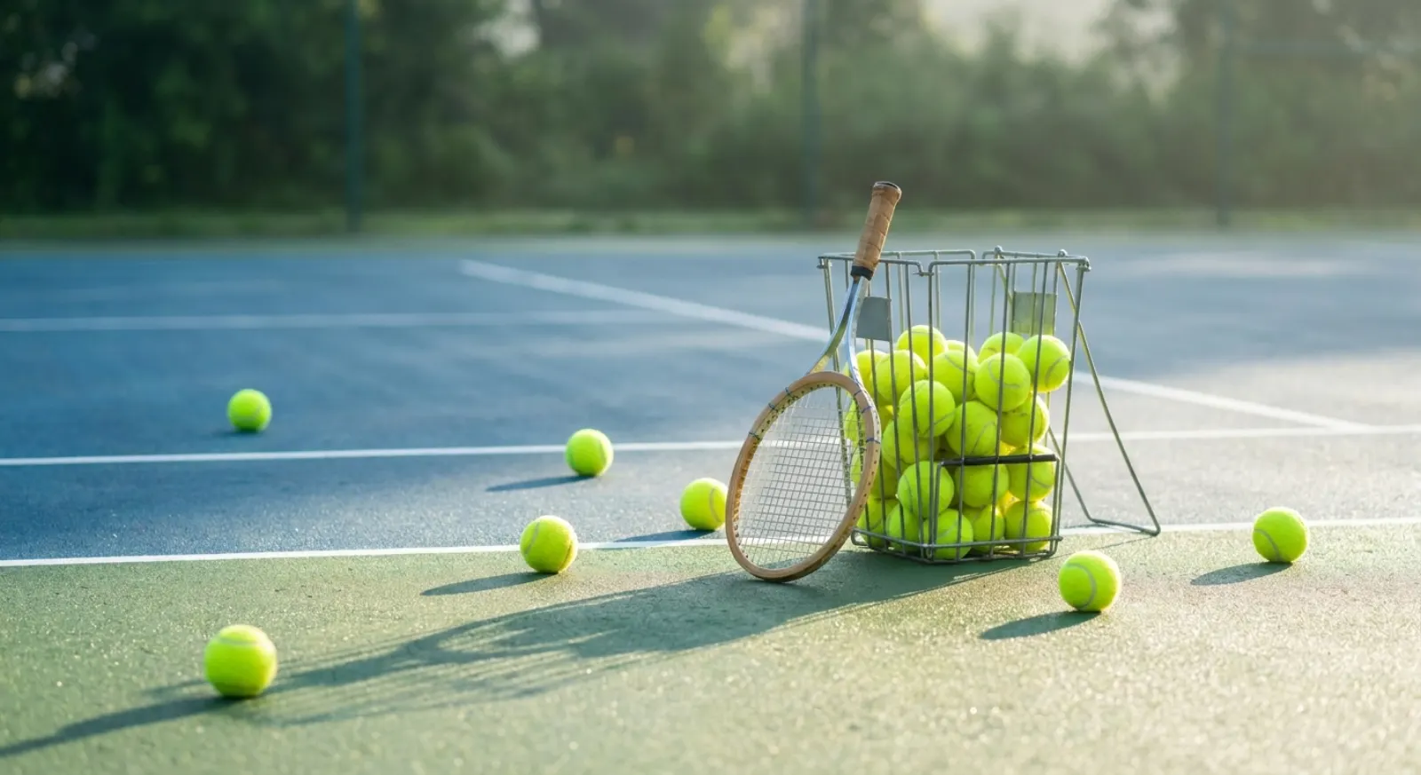 A junior tennis racquet leaning against a wire hopper full of bright tennis balls on a sunny court