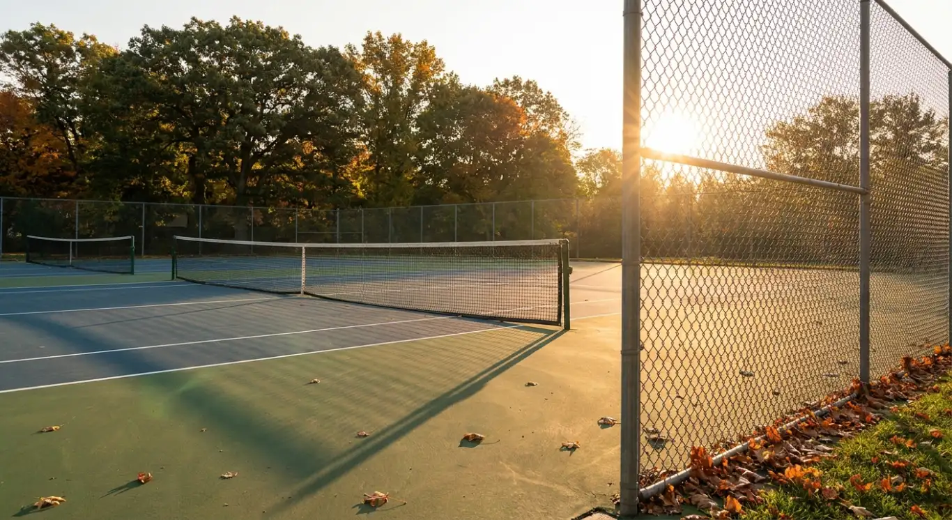 A well-kept outdoor tennis court at golden hour with autumn leaves along the fence and the net casting long shadows across the court